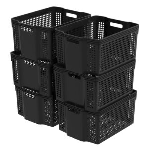 waikhomes 6 pack large stackable basket, plastic woven basket organizer, black