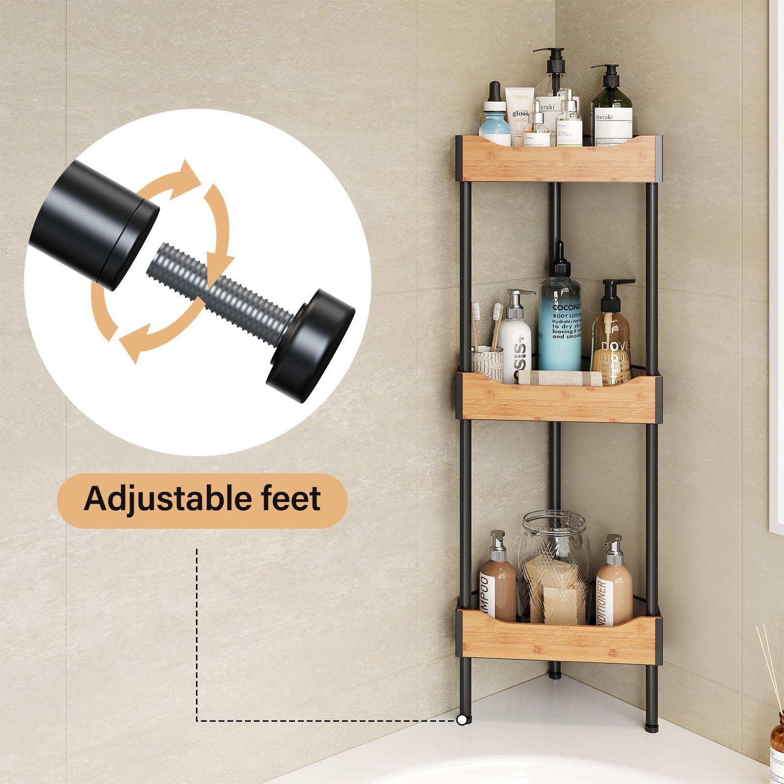 Thideewiz Corner Shower Caddy Standing, 3 Tier Shower Organizer, Wood Bathroom Stand Up Caddy Basket for Shampoo,with Adjustable Feet & 4 Hooks,Standing Tall Floor Shower Shelf and Bathroom Organizer