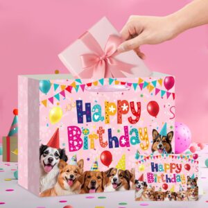 Dog Birthday Gift Bag Pink Puppy Gift Bags with Tissue Paper and Greeting Card Paw Print Wrapping Paper Large Dog Goodies Bags for Pet Dog Birthday Christmas Party and Dog Lovers Birthday Decorations