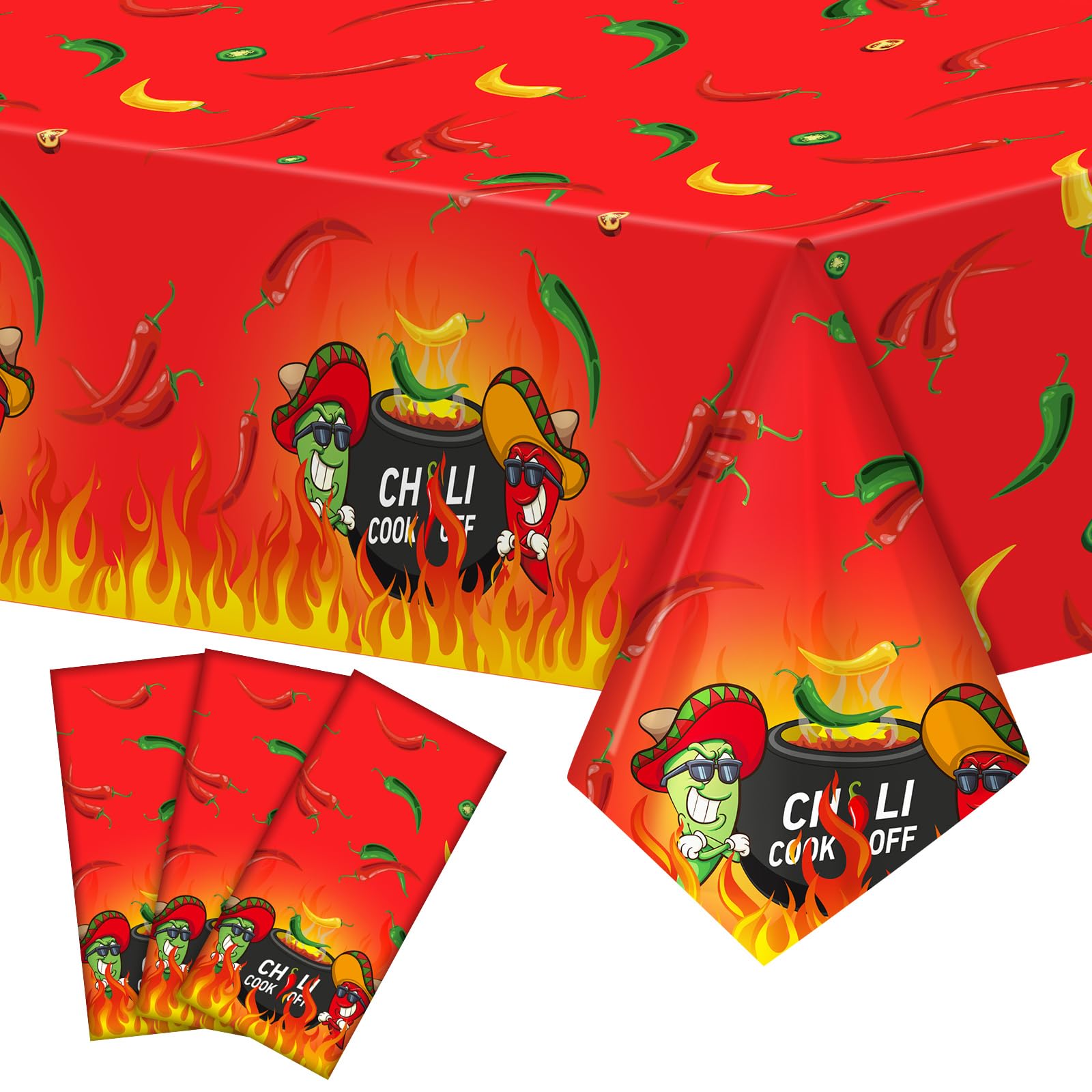 Oudain 3 Pcs Plastic Chili Cook Off Tablecloths, Chili Pepper Party Favor Supplies, Disposable Cinco De Mayo Chili Pepper Hot Flame Tablecover for Mexican Theme Cooking Party Decor, 108 x 54 Inch