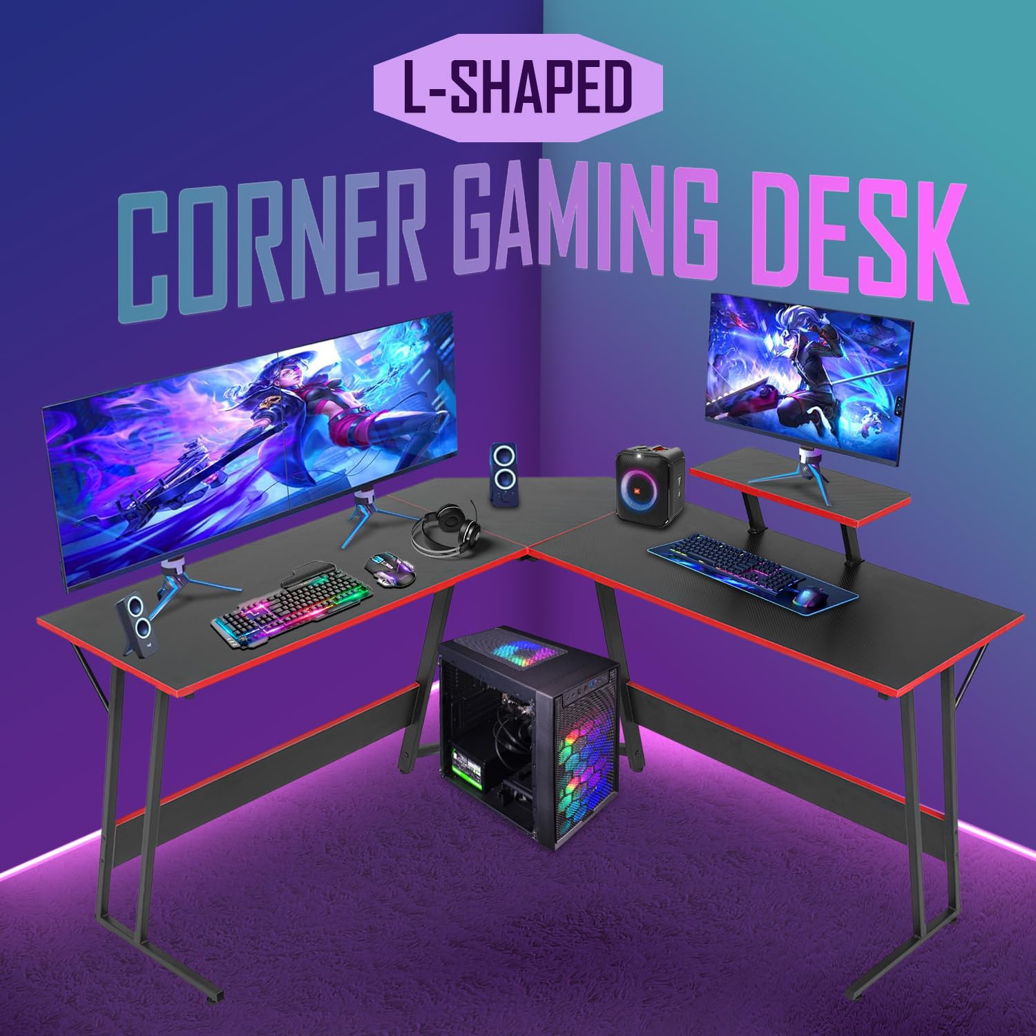 MGHH L Shaped Gaming Desk with Carbon Fiber Desktop & Large Monitor Stand Computer Corner Table for Home Office Gaming,Study,Writing,Black