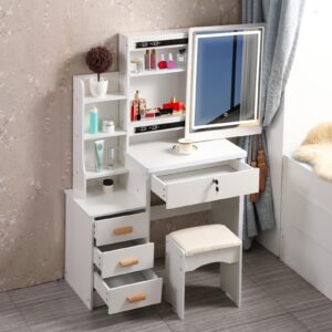 Vanity Desk with LED Lighted Mirror,Vanity Desk with Mirror and Lights,Makeup Table with Drawers,Vanity Desk with Storage Shelves,Makeup Table Stool,Vanity Desk with Light for Bedroom Dressing Table