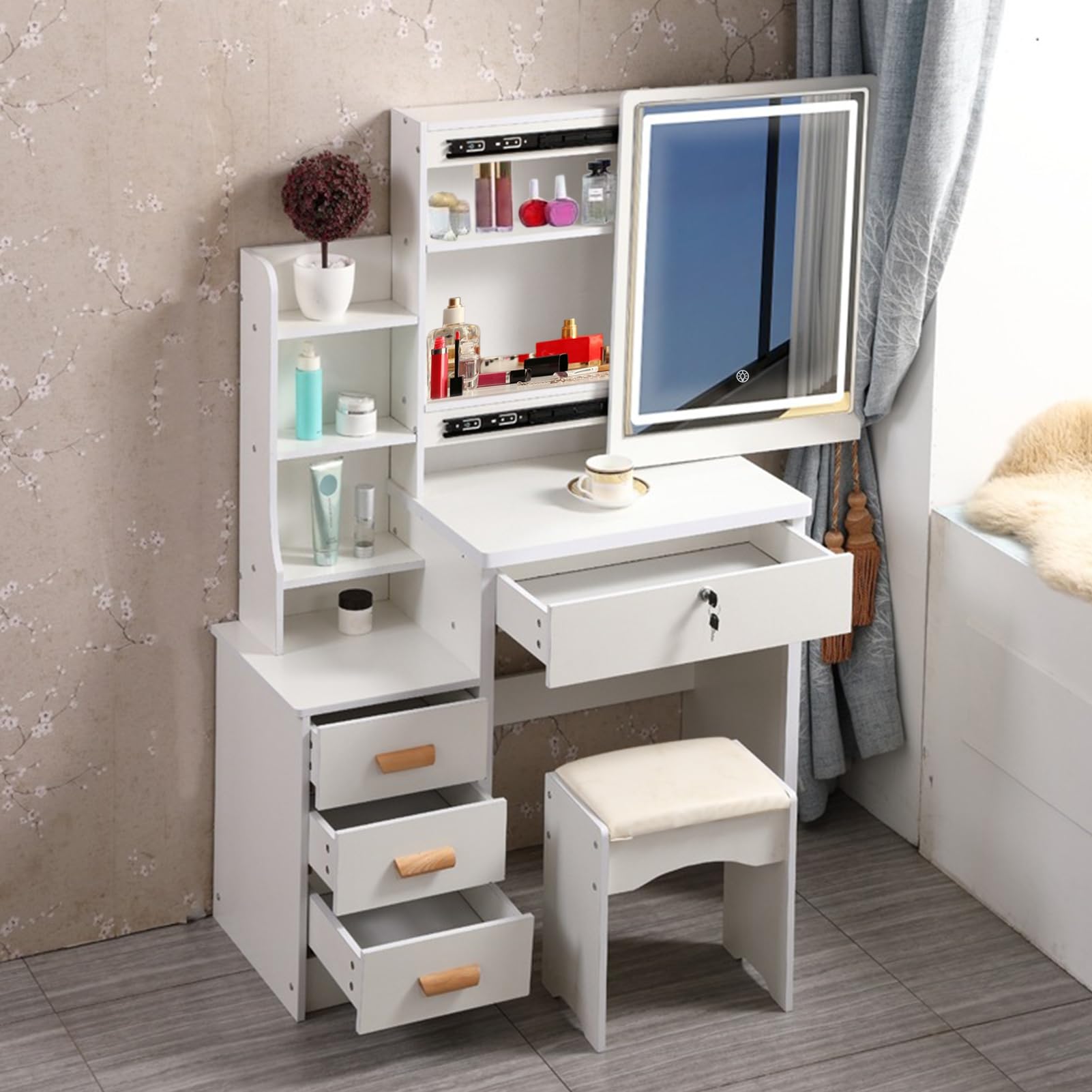 Vanity Desk with LED Lighted Mirror,Vanity Desk with Mirror and Lights,Makeup Table with Drawers,Vanity Desk with Storage Shelves,Makeup Table Stool,Vanity Desk with Light for Bedroom Dressing Table