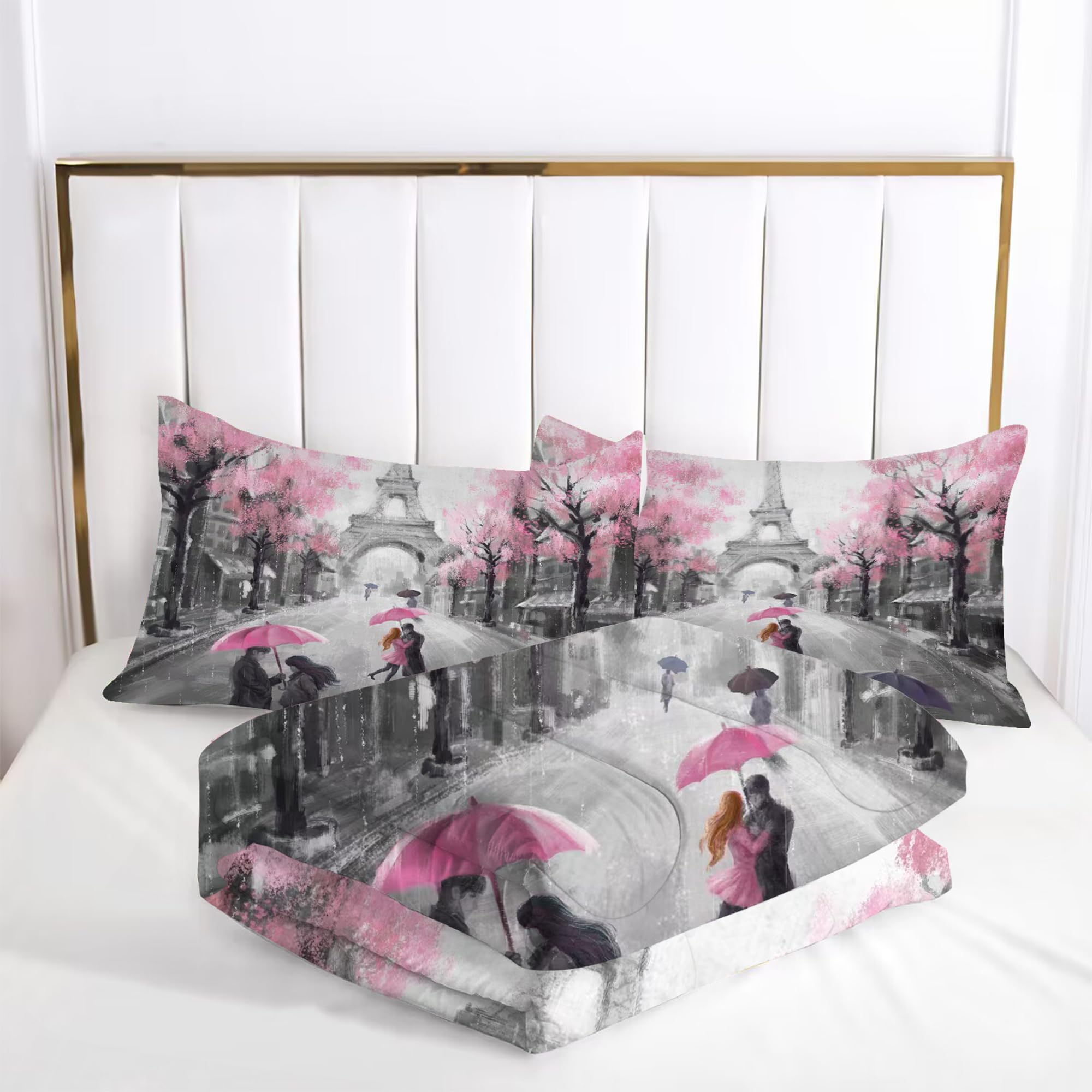 EDGZKO Paris Bedroom Comforter Set: Queen Size Eiffel Tower Bedding Sets Pink and Grey French Style Romantic Bed Set for Teen Girls Women Soft Quilt Sets 1 Comforter & 2 Pillowcases