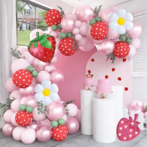 pateeha strawberry balloon arch kit 12ft, berry first birthday decor, foil daisy balloons strawberry balloons garland kit for strawberry baby shower decorations