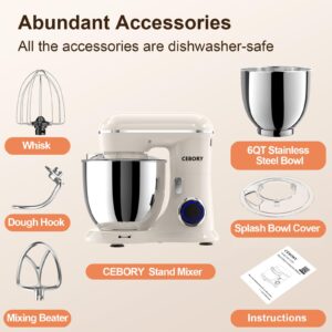 CEBORY 3-IN-1 Electric Stand Mixer, 6QT Bowl 10-Speed Kitchen Mixer, Household Food Mixers include Dough Hook, Beater and Whisk, Bread Cake Mixer for Baking and Most Home Cooks, Almond Cream