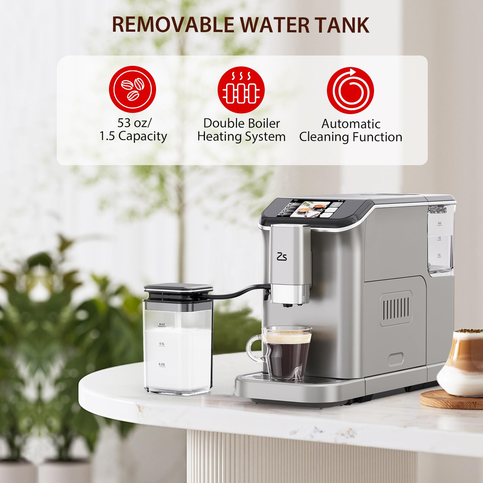 Takywep Fully Automatic Espresso Machine with Grinder & Automatic Milk Frother, 20-Bar, Touch Display, 7 Coffee Varieties, One-Touch Single/Double Shot for Espresso, Silver