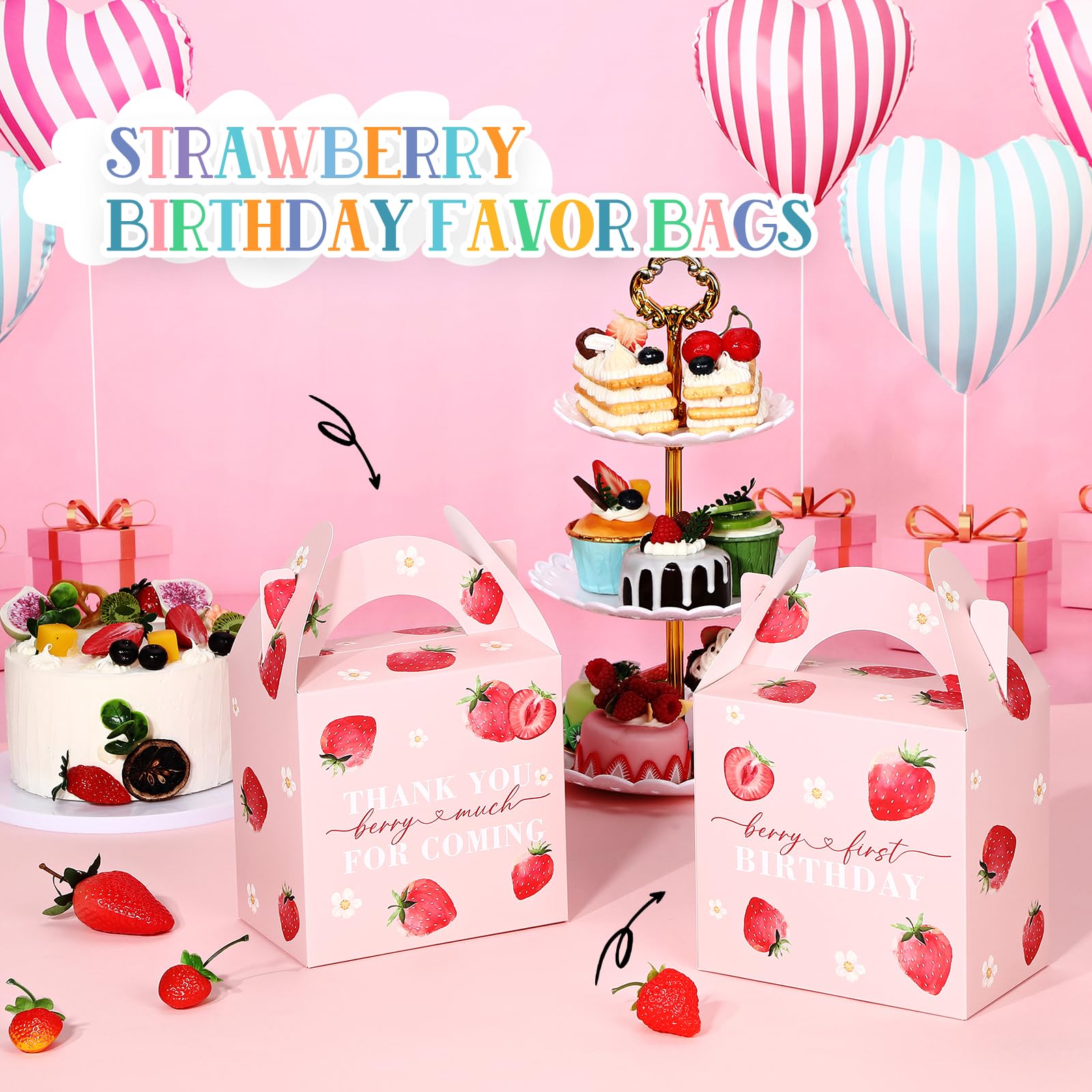 Sinload 24 Pack Strawberry Birthday Party Favor Sweet Strawberry Treat Box 6.1 x 3.9 x 8.3 in Fruit Gift Candy Box Strawberry Theme Goodie Present Box for Sweet One Birthday Baby Shower Decor Supplies