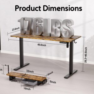 WALKINGDESK 48x24 Inches Electric Standing Desk with Drawer and Monitor Stand, Height Adjustable Stand up Desk for Home Office, Ergonomic Sit to Stand Desk with Phone Holder, 3 Hooks, Rustic Brown