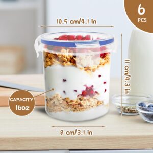 Qiuttnqn 6 Pack Overnight Oats Containers with Lids,16 oz Plastic Leak Proof Oatmeal Container,Portable Food Storage Container,Reusable Oats Cereal Yogurt Milk Meal Prep Jars