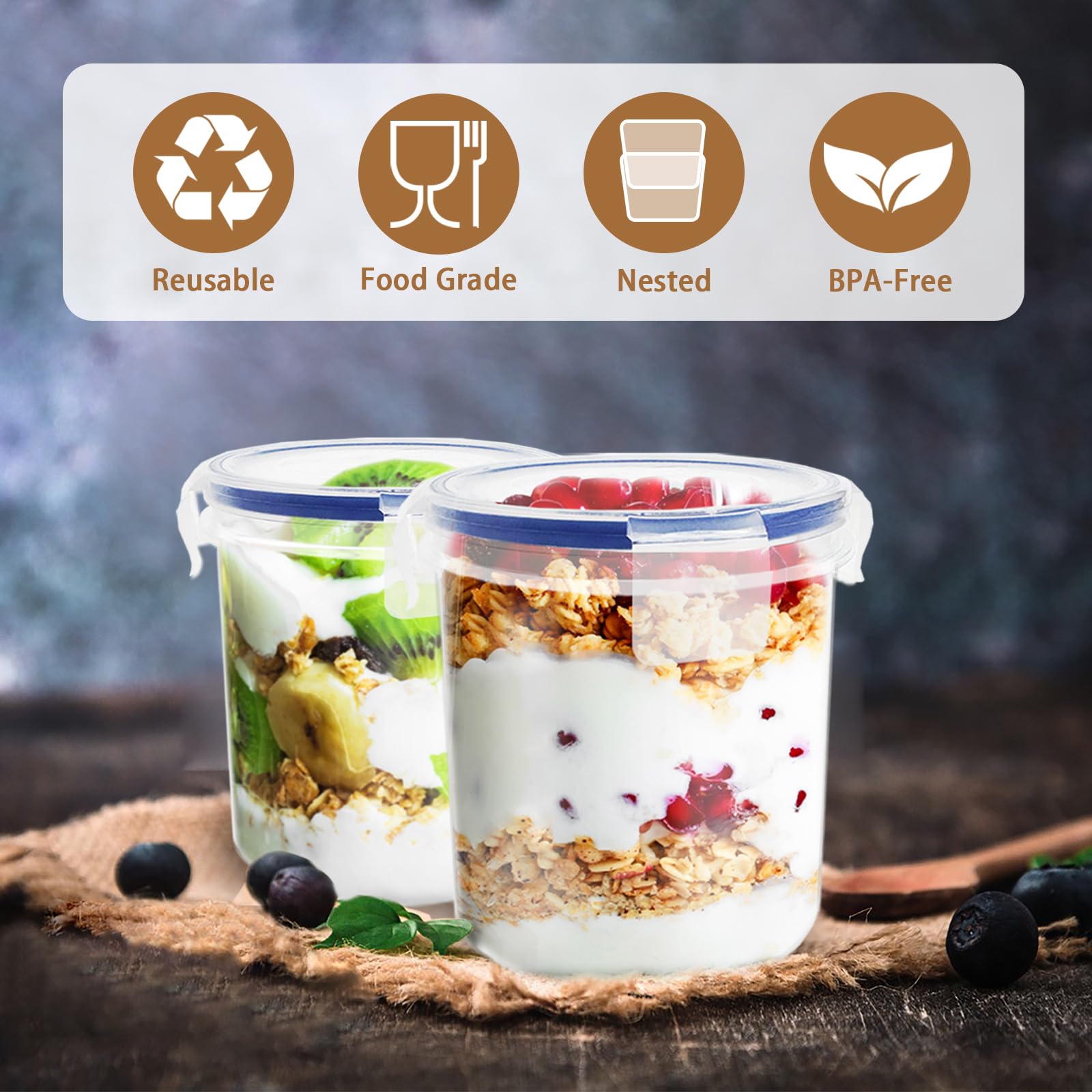 Qiuttnqn 6 Pack Overnight Oats Containers with Lids,16 oz Plastic Leak Proof Oatmeal Container,Portable Food Storage Container,Reusable Oats Cereal Yogurt Milk Meal Prep Jars