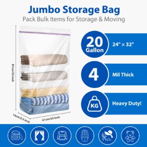 20 Gallon Jumbo Storage Bags, Pack of 3, Clear Plastic Storage Bag with Carry Handle, 24 x 32 Heavy Duty Ziplock Storage Bag Resealable Large Zipper Bag for Moving, Bedding and Travel, 4 Mil Thick