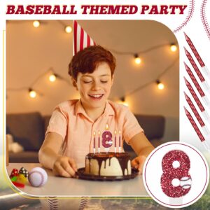 MTLEE Baseball Birthday Number 8 Candle with 10 Long Thin Cupcake Candle Red Baseball Cake Topper Sequins Sports Theme Baseball Birthday Decorations Party Cake Candles for Anniversary Celebrations