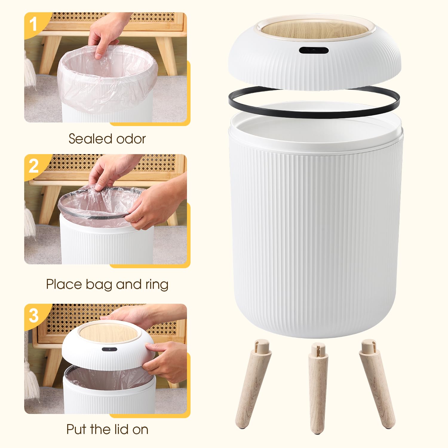 onlcuk Automatic Motion Sensor Bathroom Trash Can with Lid, 3 Gallon / 11L Touchless Trash Garbage Bin with Removable Legs for Bathroom, Kitchen, Bedroom, Office, Small Mini Trash Cans Trashcan -White