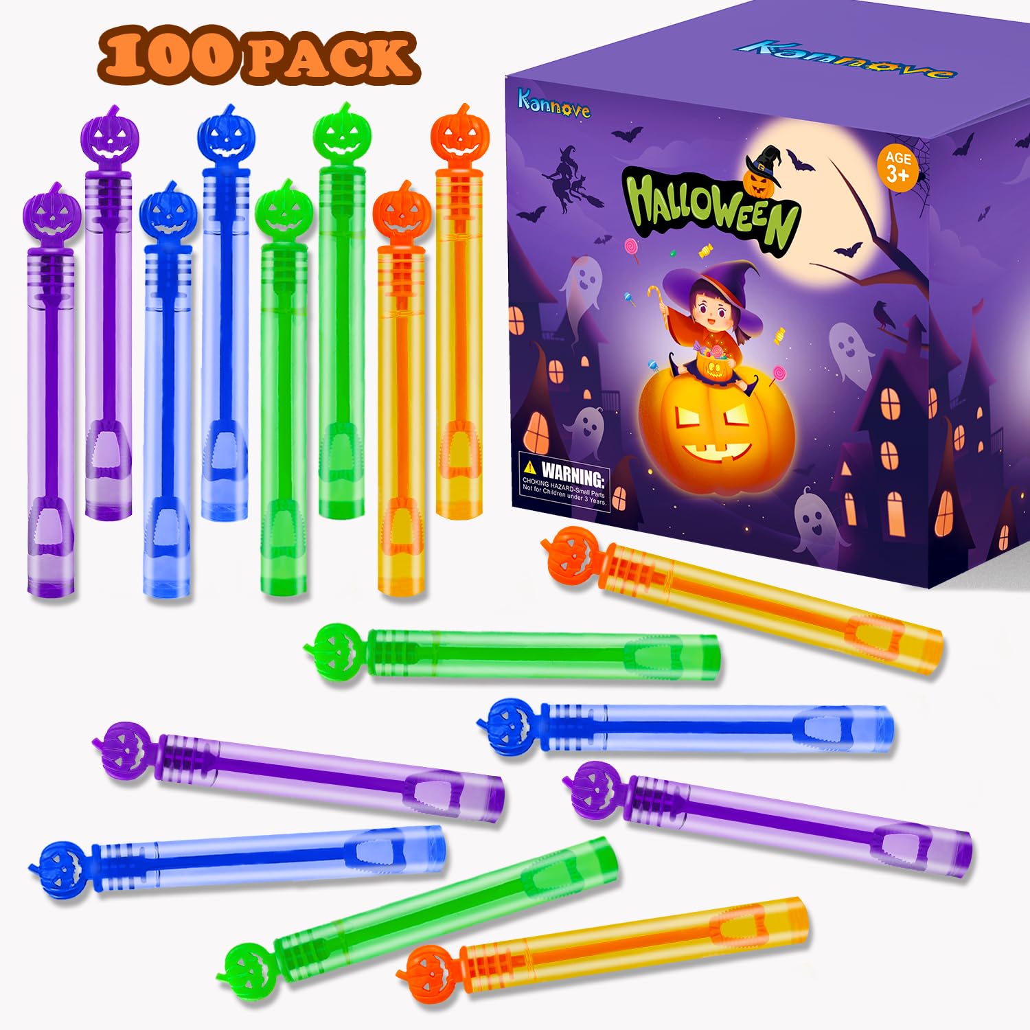 Halloween Mini Bubble Wands Toys Gifts Bulk 100 Pack, Halloween Birthday Party Favors Supplies Bucket Basket Goodie Bag Stuffer Fillers for Kids, Classroom School Bulk Treats Prizes for Students