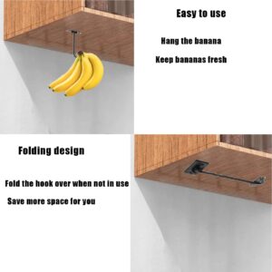 2 Pcs Under Cabinet Banana Hooks Folding Metal Banana Stand Banana Holder Self Adhesive Banana Hook Under Cabinet Hook for Bananas Or Other Kitchen Items Keep Bananas Fresh (Black)