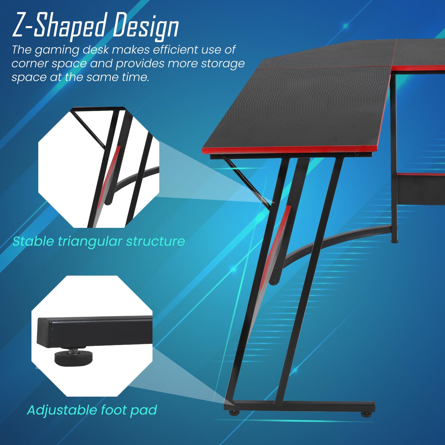 MGHH L Shaped Gaming Desk with Carbon Fiber Desktop & Large Monitor Stand Computer Corner Table for Home Office Gaming,Study,Writing,Black