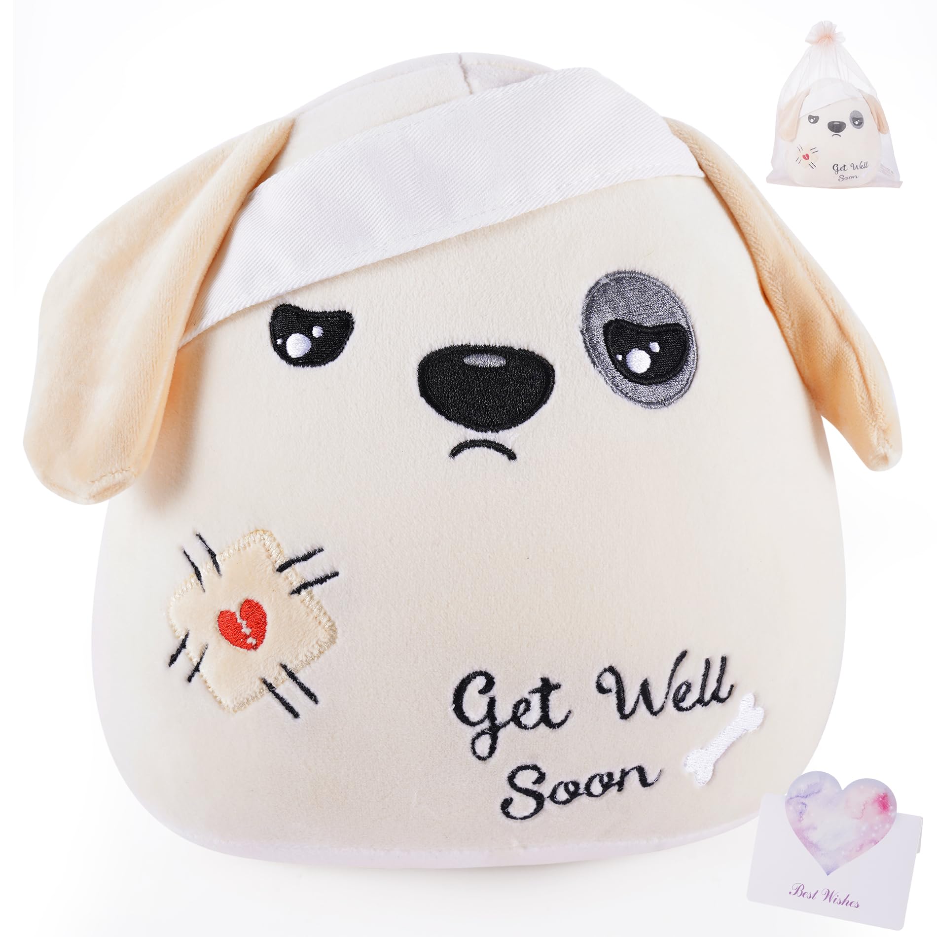 LeYoHa Get Well Soon Dog Plush - Dog Stuffed Animals Apricot Plushie Toys with Injury Bandage, Kids' Pillow Cushion, Gifts for Patient Girls Boys, 8 Inch