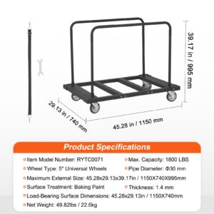 VEVOR Drywall Cart, 1800 LBS Panel Dolly Cart with 45.28" x 29.13" Deck and 5" Swivel Wheels, Heavy-Duty Drywall Sheet Cart, Handling Wall Panel, Sheetrock, Lumber, for Garage, Home, Warehouse