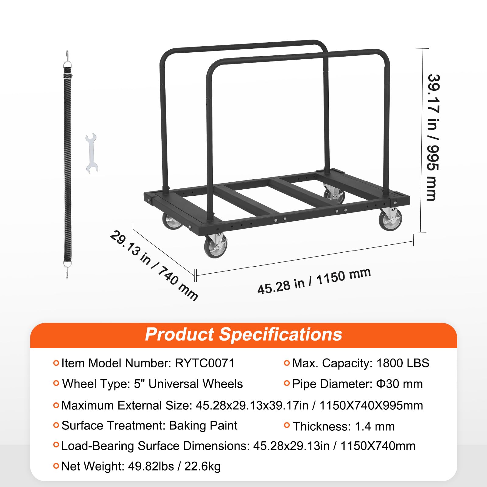 VEVOR Drywall Cart, 1800 LBS Panel Dolly Cart with 45.28" x 29.13" Deck and 5" Swivel Wheels, Heavy-Duty Drywall Sheet Cart, Handling Wall Panel, Sheetrock, Lumber, for Garage, Home, Warehouse