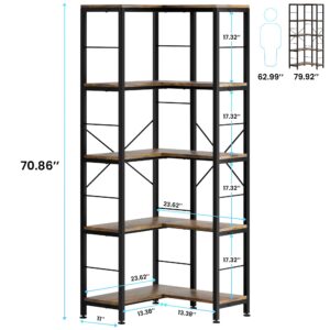 Gujiam 5-Tier Corner Bookshelf, 70.86" Tall Corner Bookcase,5-Shelf Industrial L-Shaped Coner Shelf with Metal Frame for Home Office,Living Room,Bed Room(Rustic Brown)