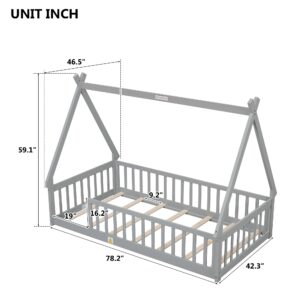 DreamBuck Twin Size Toddler Floor Bed, Montessori Floor Bed with Fence and Safety Guardrails, Solid Pine Tent-Shaped Floor Bed Frame for Kids Toddlers Girls Boys, Wood Slat Support, Grey