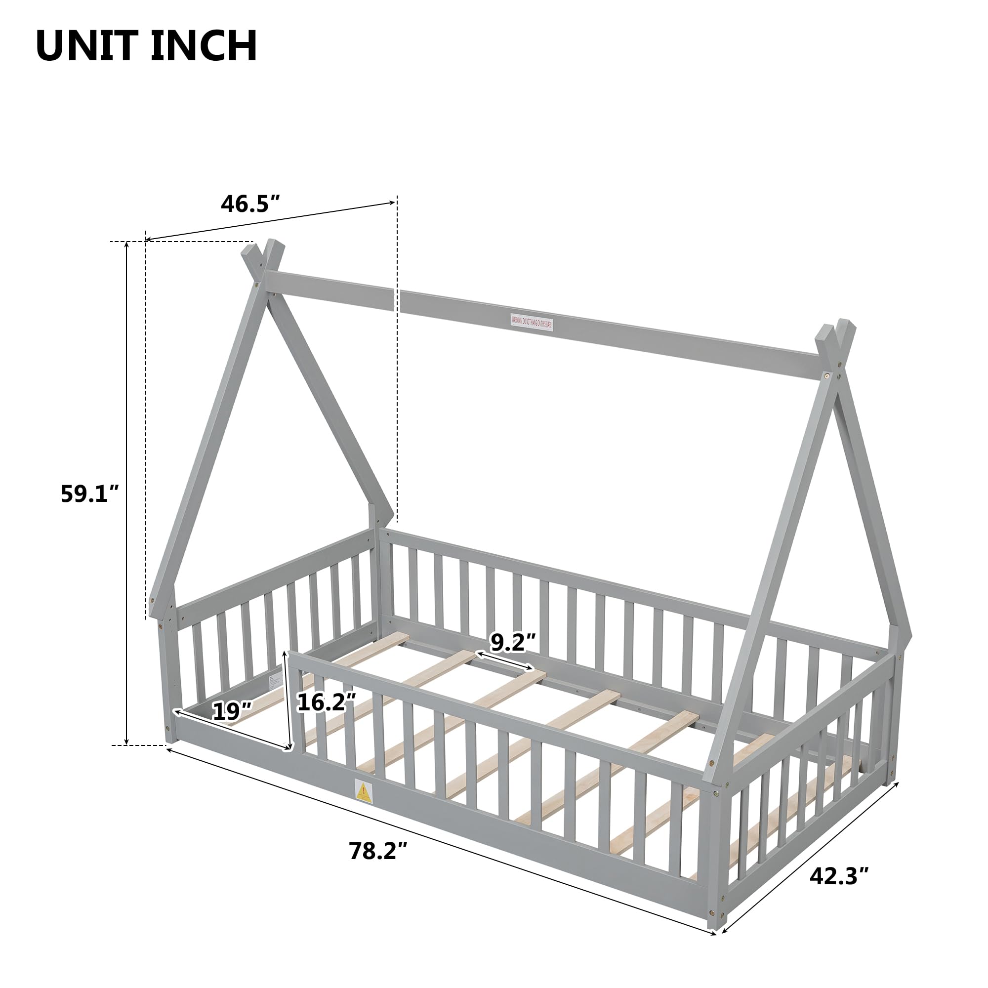 DreamBuck Twin Size Toddler Floor Bed, Montessori Floor Bed with Fence and Safety Guardrails, Solid Pine Tent-Shaped Floor Bed Frame for Kids Toddlers Girls Boys, Wood Slat Support, Grey