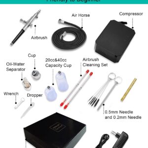 Gocheer Airbrush Kit with Air Compressor, 48 PSI High Pressure Air Brush Non-Clogging with 0.2/0.3/0.5mm Nozzle/Cleaning Sets, Ideal for Painting, Modeling, Cake Decor, Pastry, Makeup, Nail Art Black.