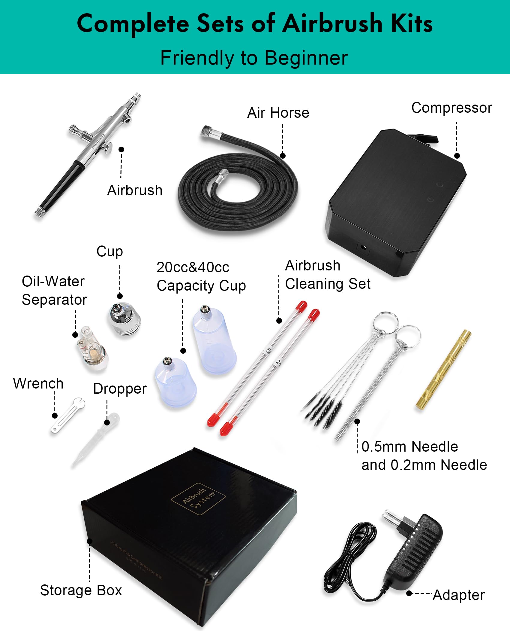 Gocheer Airbrush Kit with Air Compressor, 48 PSI High Pressure Air Brush Non-Clogging with 0.2/0.3/0.5mm Nozzle/Cleaning Sets, Ideal for Painting, Modeling, Cake Decor, Pastry, Makeup, Nail Art Black.