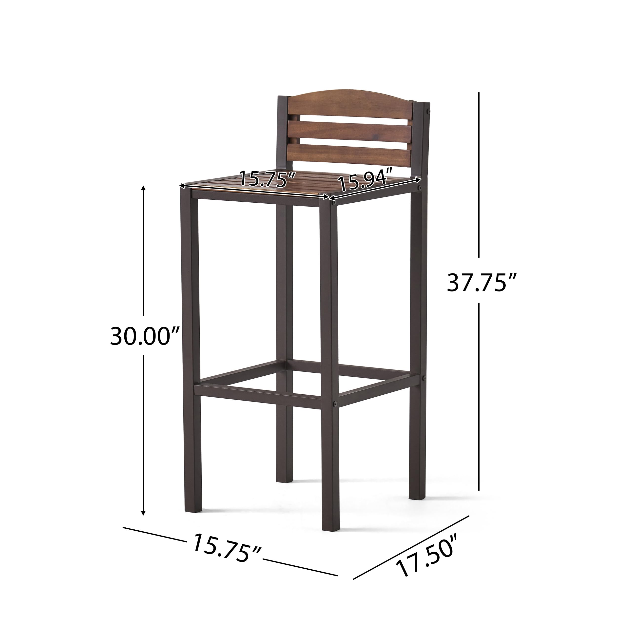 Christopher Knight Home Milos Indoor/Outdoor Acacia Wood 3 Piece Bar Set, 15.75 "W x 17.5 "D x 37.75 "H, Dark Brown + Rustic Metal