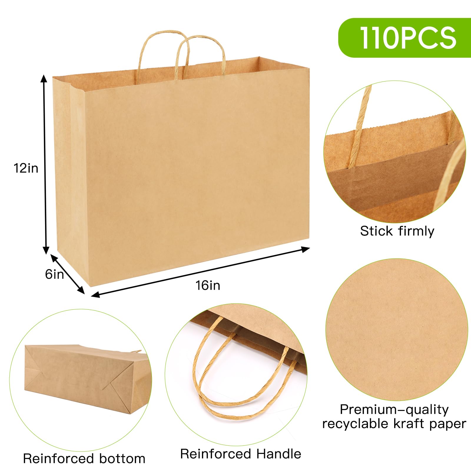 Moretoes 110pcs 16x6x12 Inches Paper Bags with Handles Bulk Large Gift Bags with Handles Brown Paper Bags for Grocery, Merchandise, Gifts