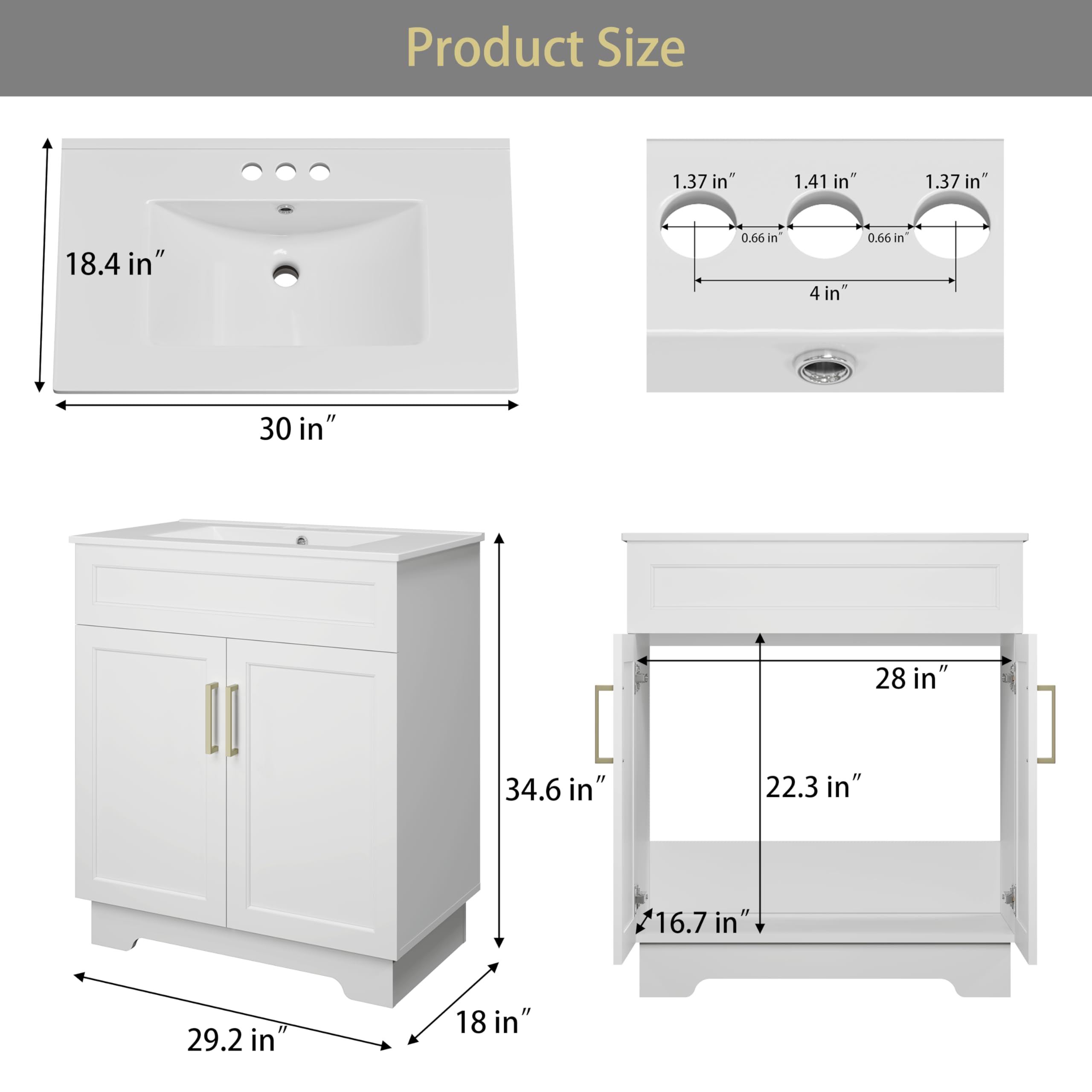 Smhxo Bathroom Vanity with Ceramic Sink, Bathroom Vanity Cabinet with 2 Doors, 30 Inches Wooden Bathroom Sink Cabinet, White