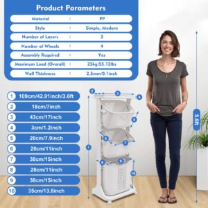 Xlsdlvcnxz Laundry Hamper with 3 Layers Shelf,Rolling Laundry Basket with 4 Wheels,Laundry Basket Organizer,3 Basket Laundry Hamper for Bathrooms Bedrooms(White)