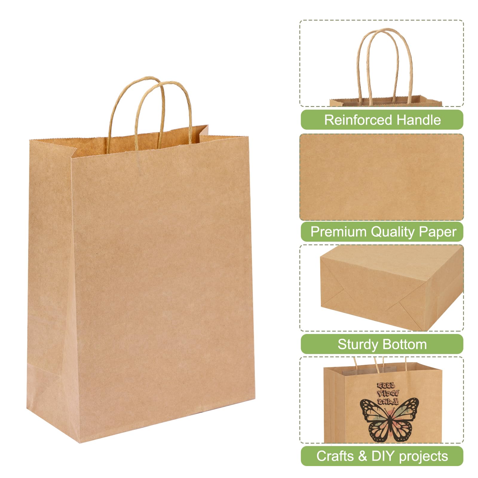 Moretoes 60pcs Gift Bags, Paper Bags with Handles, 7.1x3.6x9.3 Inch, Kraft Paper Bags Bulk Medium Size, Retail Bags, Brown Paper Bags for Party, Businesses, Shopping