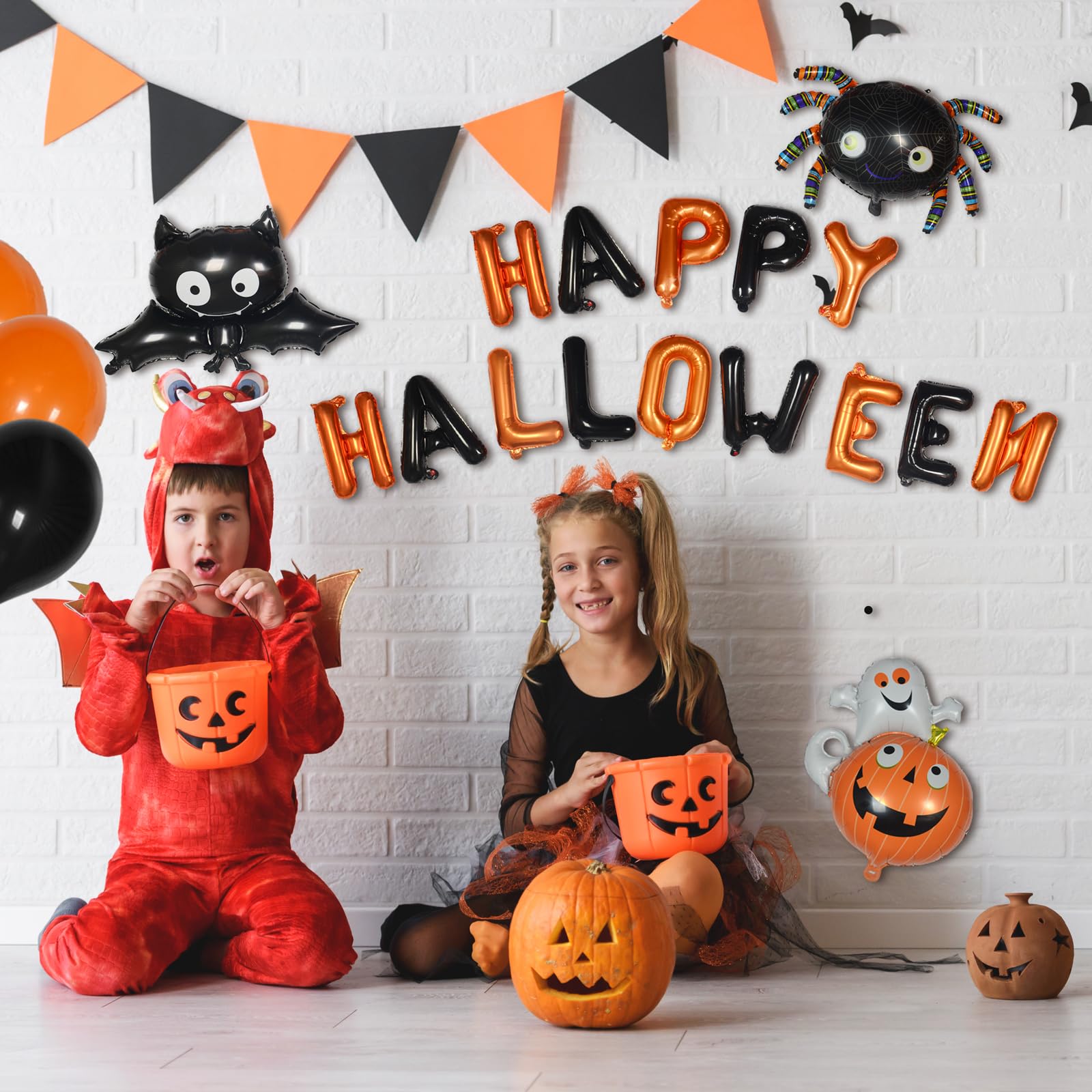 Happy Halloween Party Decorations, Melsan Halloween Banner Black and Orange Balloons, Spider, Bat, Pumpkin with Ghost Balloons - Perfect Halloween Party Supplies for Kids and Adults