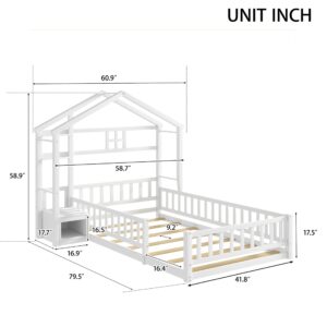 Twin Size Floor Bed with Bedside Stand,Kids Montessori Floor Bed with House-Shaped Headboard,Twin House Bed Frame for Kids,Girls,Boys,White