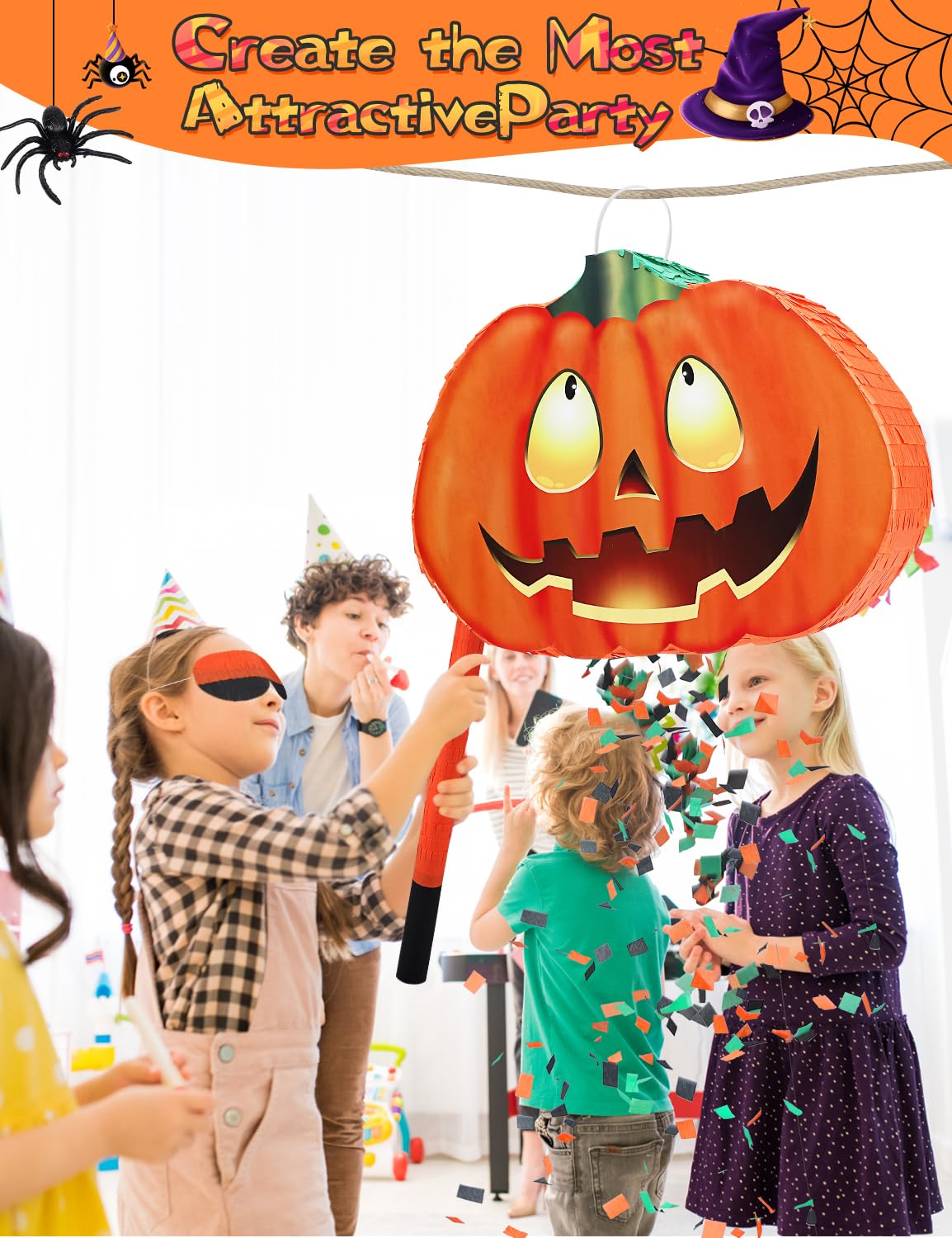 Halloween Pumpkin Piñata - 74pc Set: Complete Party Game with Toys, Goodie Bags, Bat & Blindfold - Perfect for Kids' Birthdays, Classroom Prizes & Festive Decorations