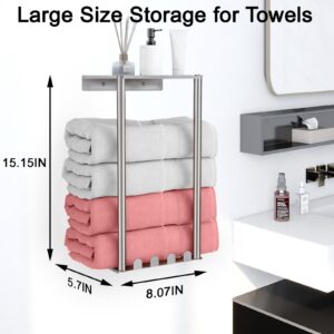 JIAPAIDUO Towel Storage for Bathroom, 15 Inch Wall Mounted Towel Rack, Wall Towel Holder for Rolled Towels, Wall Towel Storage with 4 Hooks for Small Bathroom, Rolled Towel Rack, Brushed Nickel