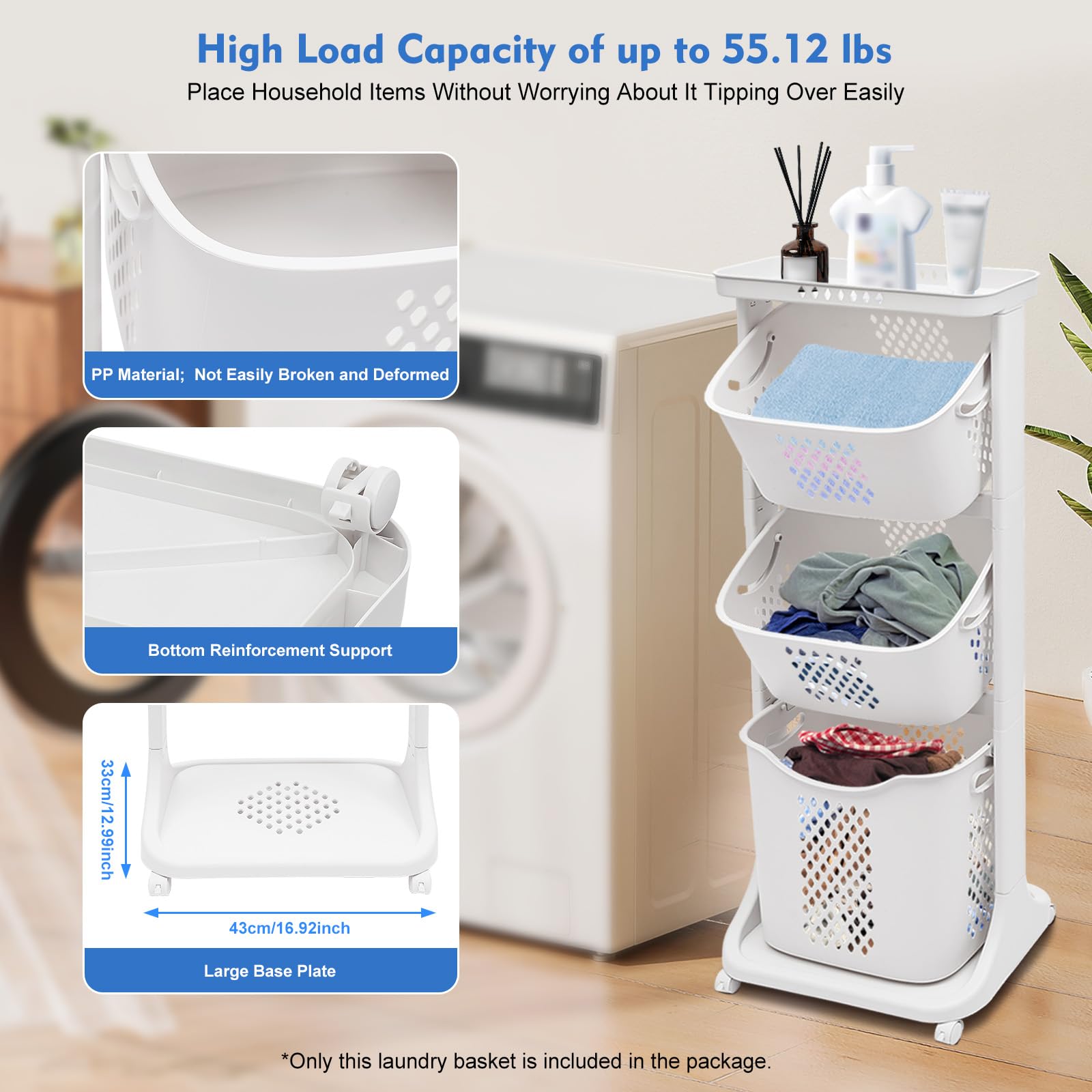 Xlsdlvcnxz Laundry Hamper with 3 Layers Shelf,Rolling Laundry Basket with 4 Wheels,Laundry Basket Organizer,3 Basket Laundry Hamper for Bathrooms Bedrooms(White)