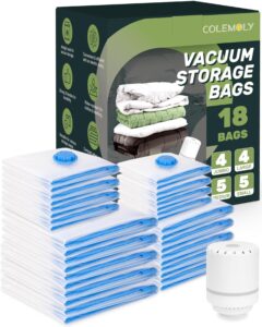 colemoly vacuum storage bags 18 pack space saver bag vacuum seal bags for clothing travel moving blankets pillows storage and organization (5 jumbo/ 5 large/ 4 medium/ 4 small)