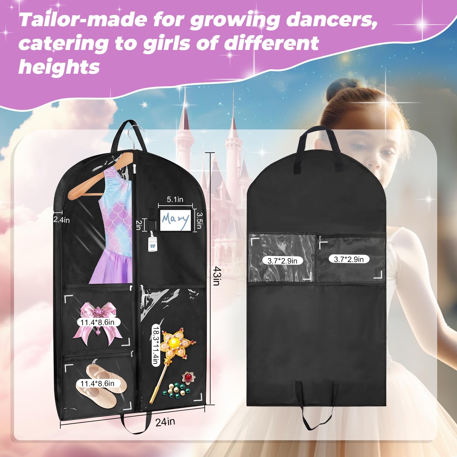 Sishynio Garment Bag, Clear Waterproof Garment Bags for Hanging Clothes, 43 Inch Black Garment Bag with 6 Pockets, Dance Garment Bag, Kids Garment Bag for Dance Competitions Sports Suit Travel