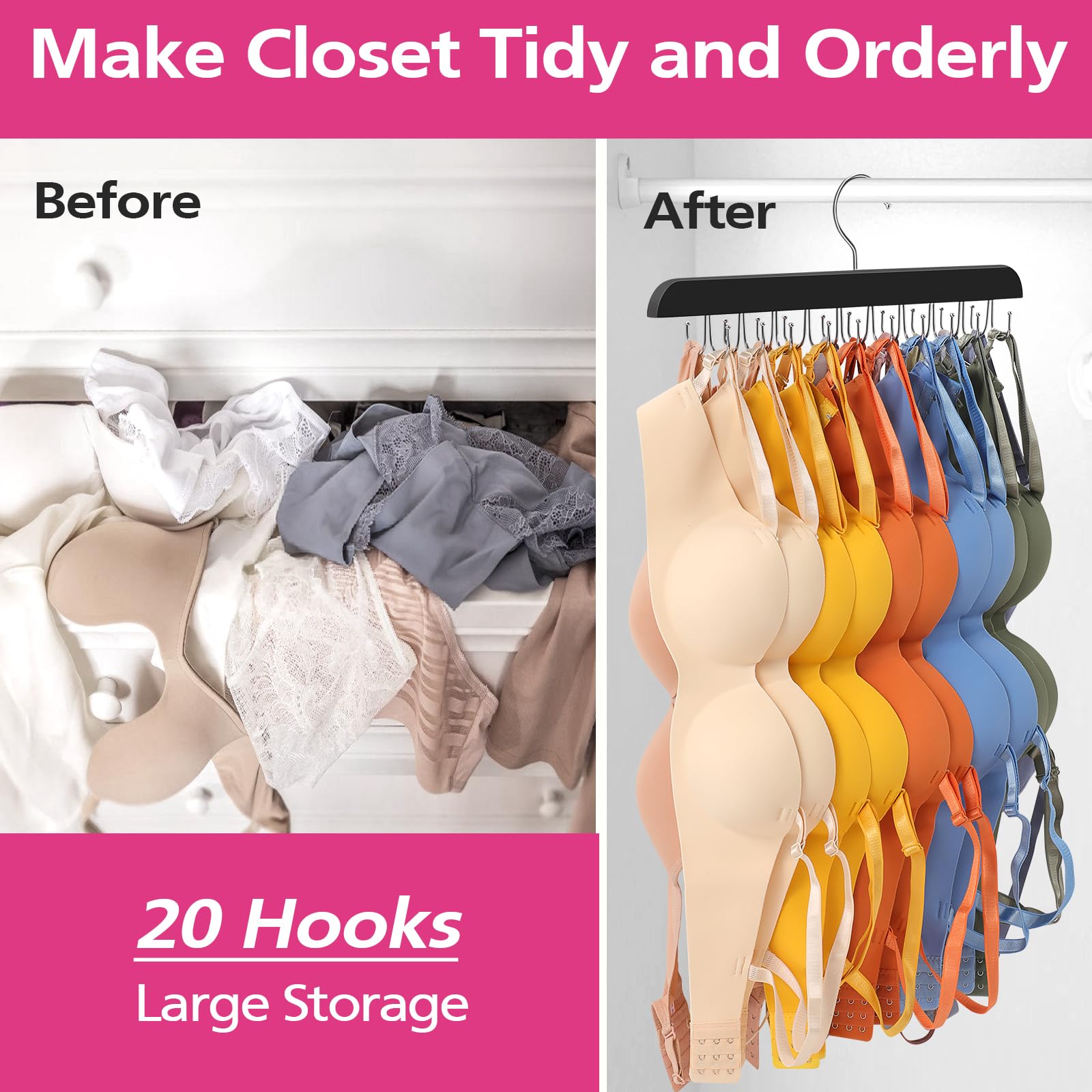 Bra Organizer for Closet, Tank Top Hanger, Bra Hanger 20 Hooks Capacity, Foldable Bra Hangers for Closet Organizer and Storage, Multi Tank Top Hangers Space Saving for Bra (1)