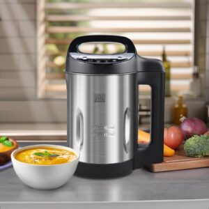 1.6l soup maker machine, stainless steel programmable soup maker with smooth & chunky settings, anti-dry burn, overfill sensors, and self-cleaning mode for quick soups, baby food, and home use black