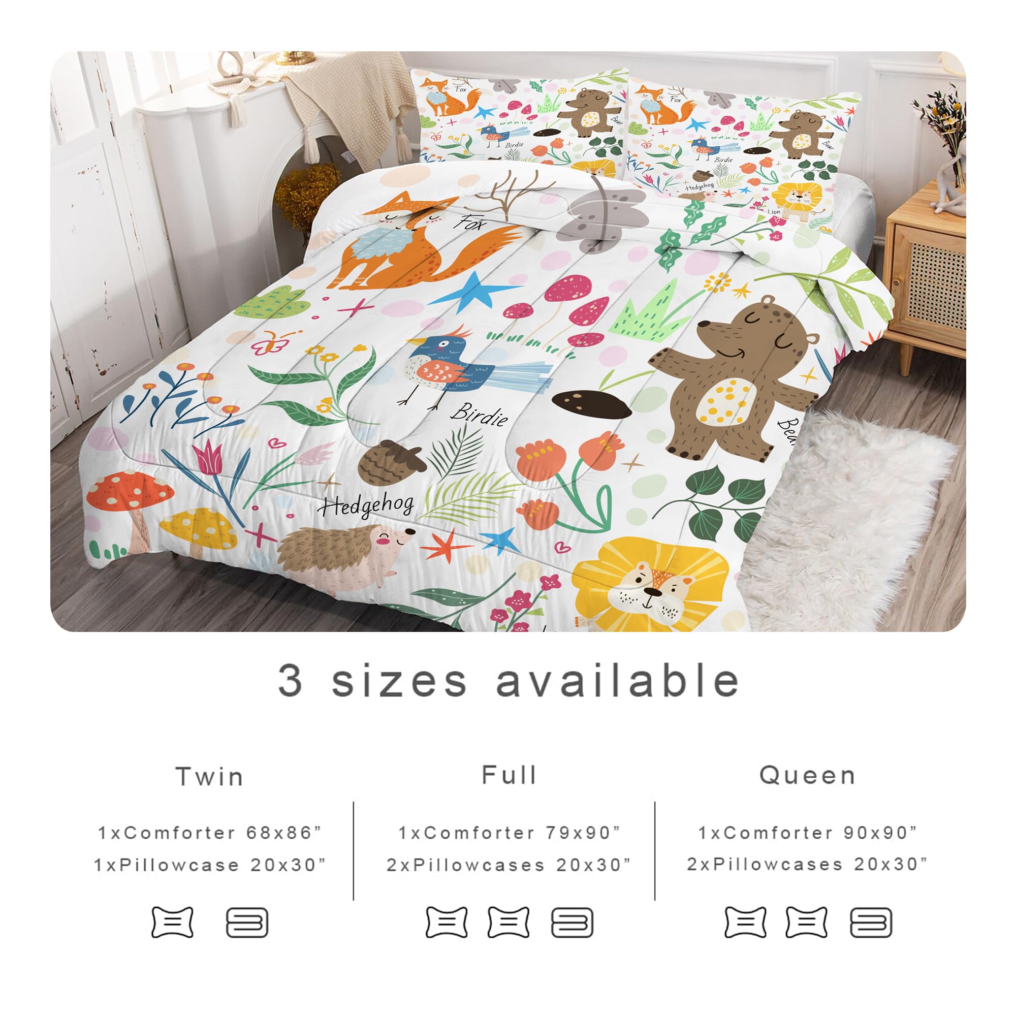 EDGZKO Comforter Set Cartoon Animals: Twin Size Cute Bedding Set for Kids Teen Girls Toddler Boys Kawaii Fox Bear Lion Flowers Soft Quilt Duvet Bed Sets 1 Comforter & 1 Pillow Case