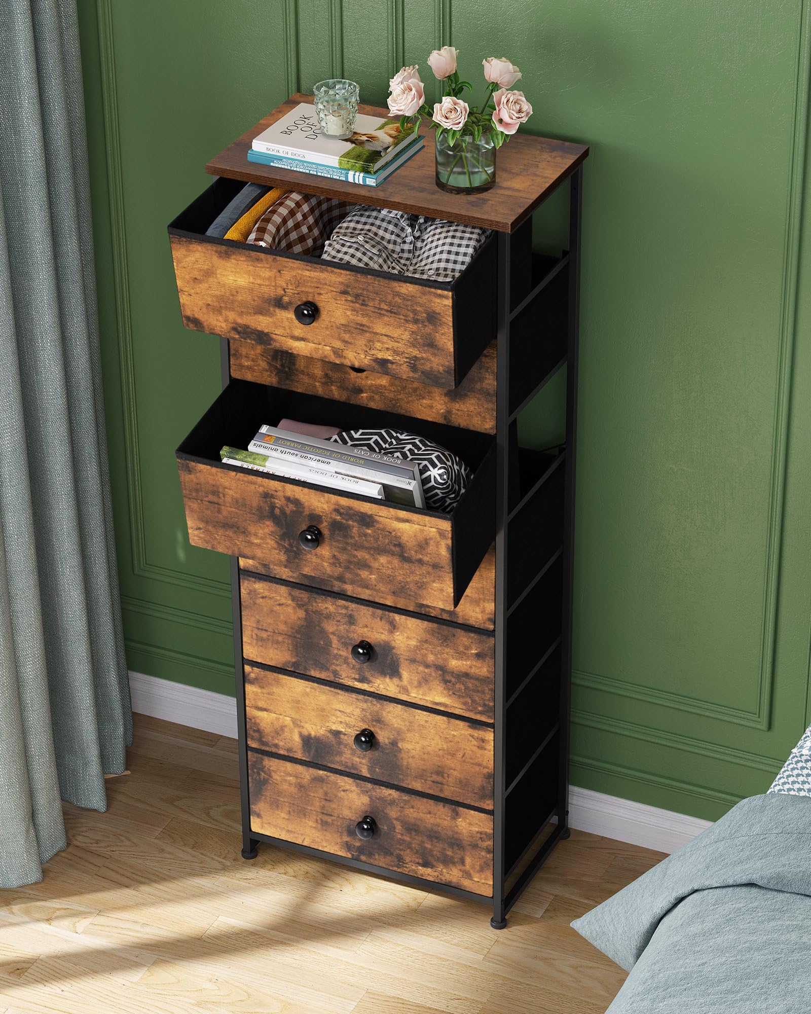 Crestlive Products Tall Dresser, 7-Drawer Fabric Storage Tower, Chests of Drawers - Vertical Organizer Unit for Bedroom, Hallway, Entryway, Nursery, Closets -Wood Top & Handles (Rustic Brown)