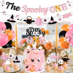 K KUMEED Pink Halloween 1st Birthday Party Decorations,The Spooky One Banner Cute Ghost Eyeballs Pumpkin Cake Topper and Latex Balloons for Halloween First Birthday Girls Birthday Party Supplies