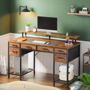 Huuger Computer Desk with Power Outlets and LED Lights, 47 Inch Gaming Desk with 6 Drawers, Office Desk with Monitor Stand, Writing Desk Work Desk, Mesh Shelves, Rustic Brown