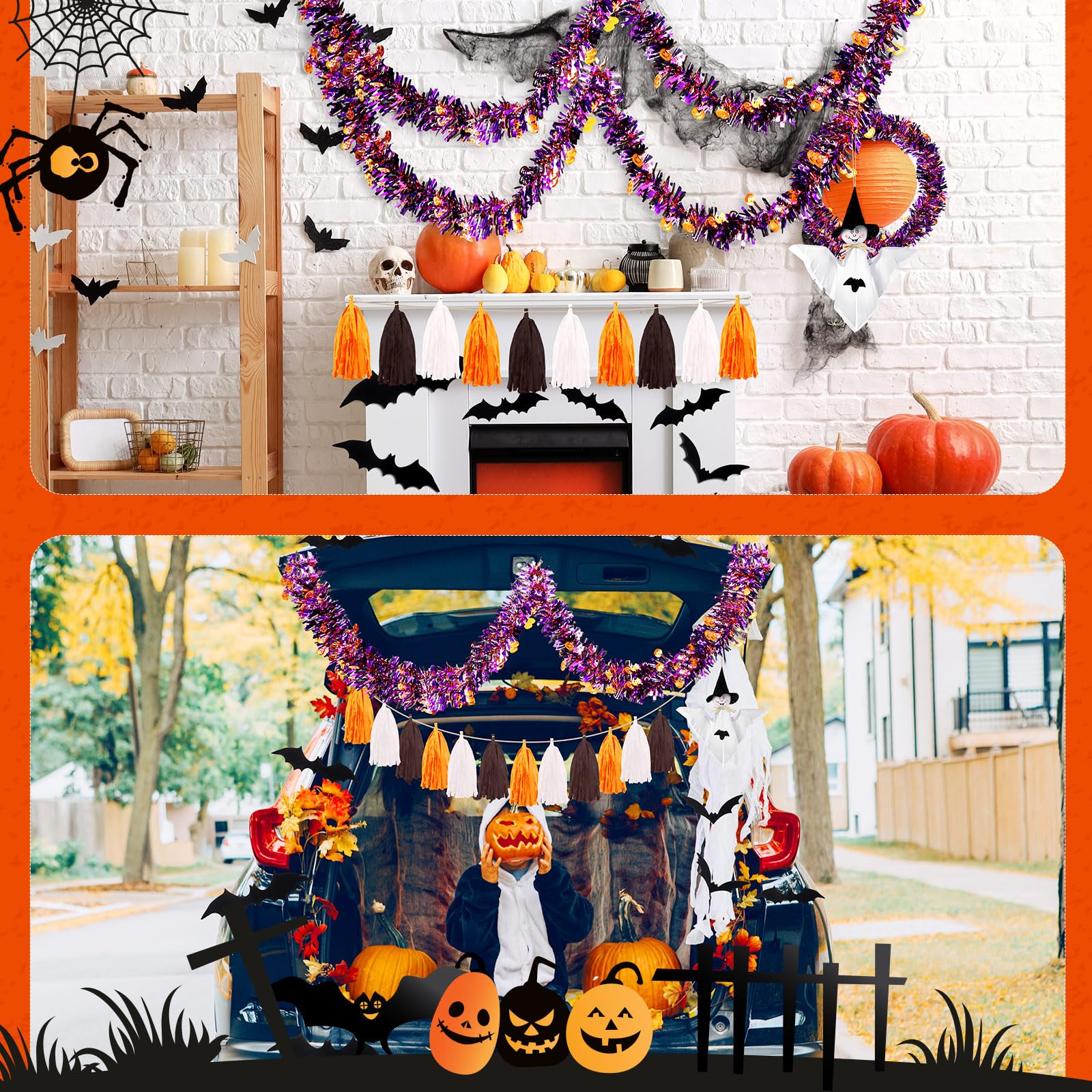 Dispowreath 35 Pcs Halloween Bike Decorations Kit Bike Streamers Tassels Tinsel Garlands White Ghost Pendant Bat Sticker Black Orange and White Crepe Paper for Kids Adult Bicycle Parade Party Favor