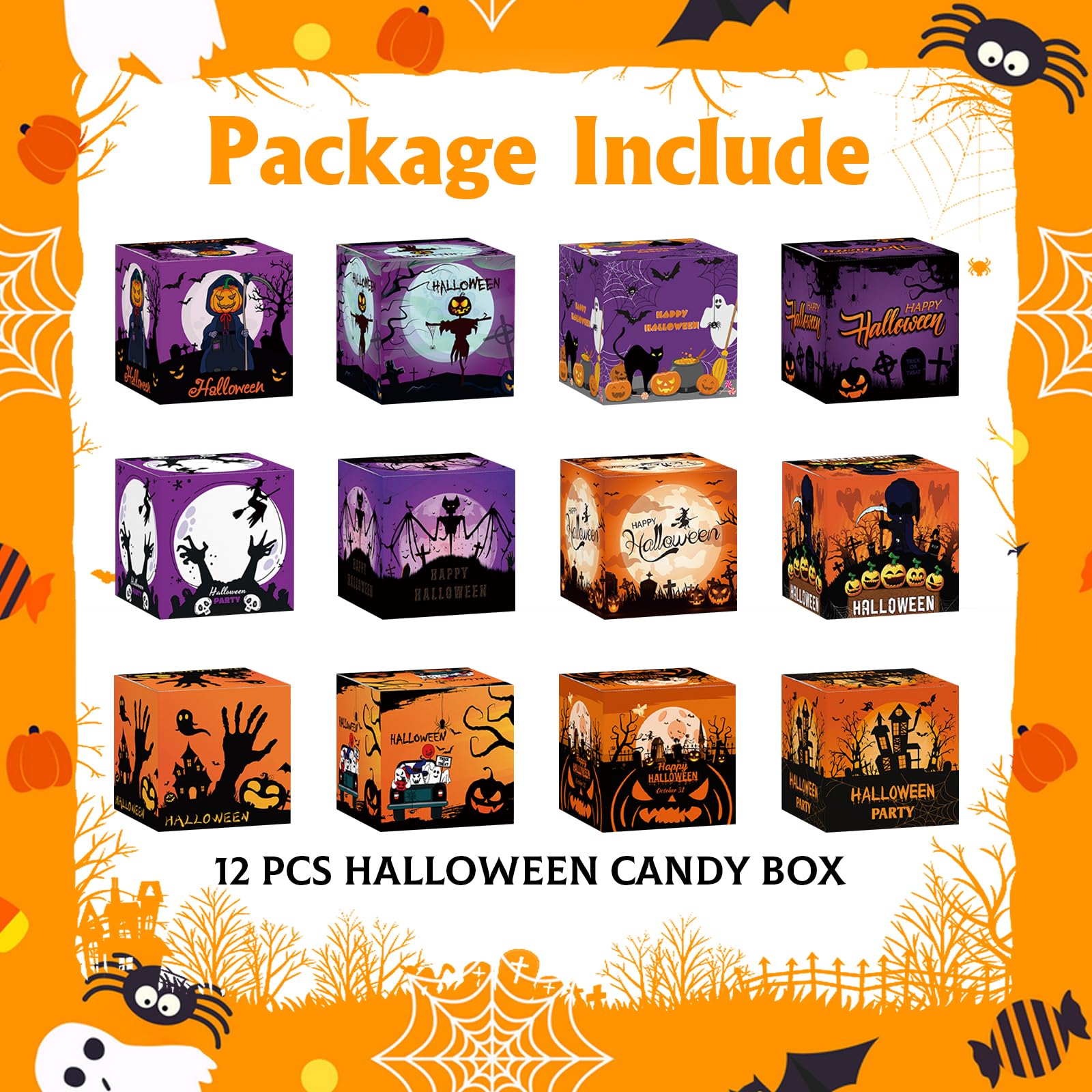 Halloween Candy Treat Box Set, 12 Pcs Treat Goodie Boxes Halloween Party Favors Boxes, Halloween Cardboard Funny Boxes for for Candy Snacks Cookie Small Gifts Halloween Party Supplies Kids Birthday