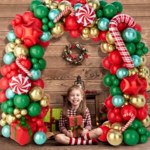 Christmas Balloons Garland Arch Kit, 150Pcs Christmas Garland with Red Green Gold Candy Cane Balloons Red Star Balloons, Christmas Arch for Christmas Party, Xmas Decorations Backdrop for Indoors